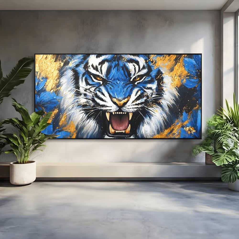 Tablou canvas cu tablou canvas cu tigru albastru si flori, in rama de aluminiu negru